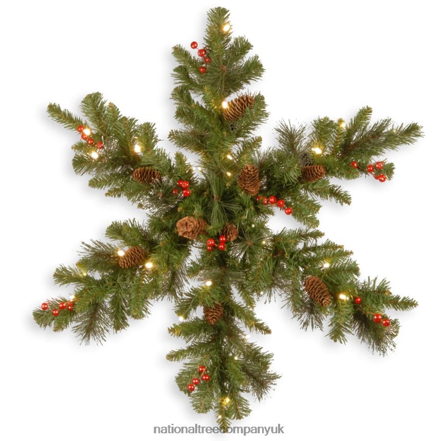 Greenery | National Tree Company Pre-Lit Artificial Christmas Hanging Snowflake Green Crestwood Spruce Decorated with Pine Cones Berry Clusters Christmas Collection 32 Inches F2L4F465